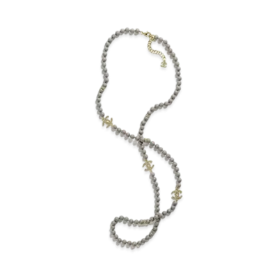 CHANEL Long Necklace Metal, Glass Pearls & Strass "Gold/Gray"