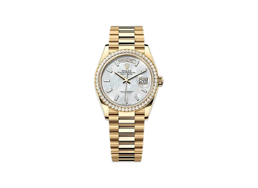ROLEX Day-Date 36mm Yellow Gold Diamond 128348RBR "White Mother-of-Pearl"