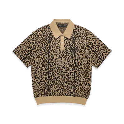 WACKO MARIA Leopard Jacquard Knit Polo Shirt "Light Brown"