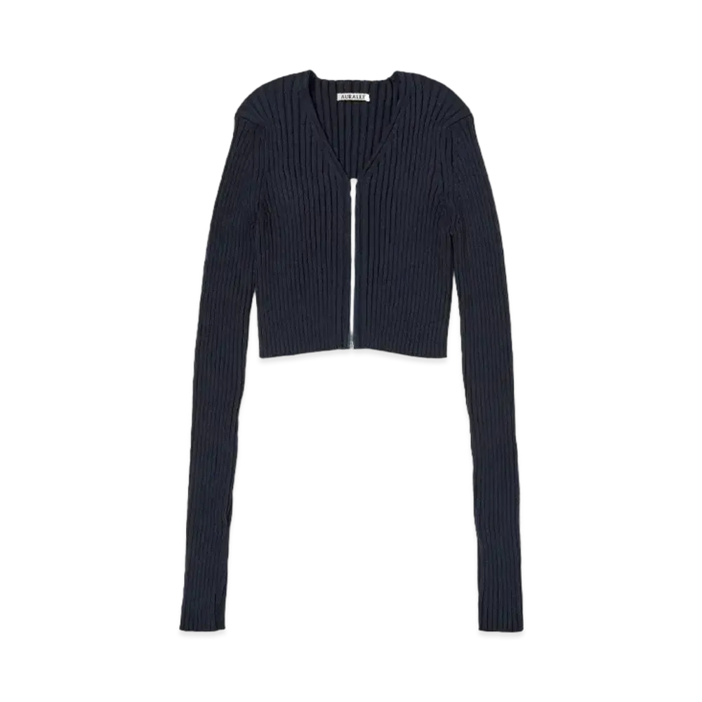 AURALEE Dry Cotton Wide Rib Knit Zip Cardigan "Dark Navy"
