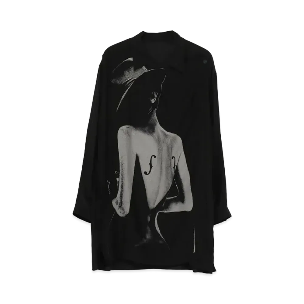 Yohji Yamamoto Pour Homme SILK SATIN SWALLOW PRINT FRONT NO FIXING CLOTH BLOUSE "Black"
