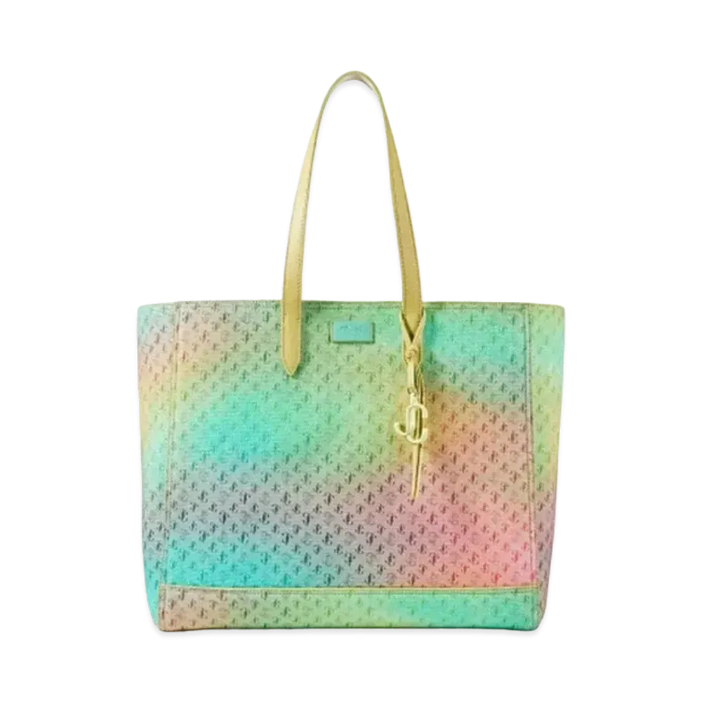 Jimmy Choo Laylin Tote JC Logo Degrade Canvas Tote Bag With Leather Handles "Sunbleached/Sunset Mix"