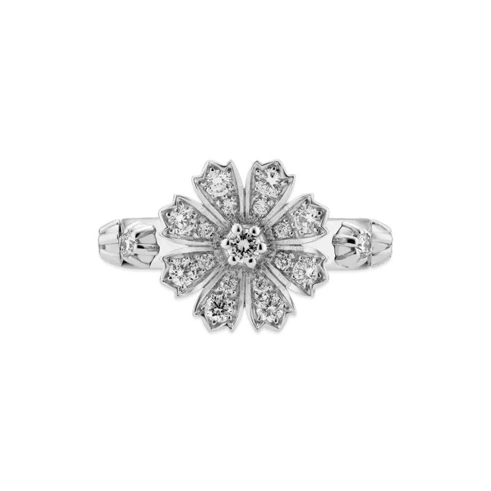 GUCCI Floral Shape 18K White Gold Diamond Ring "Gold"