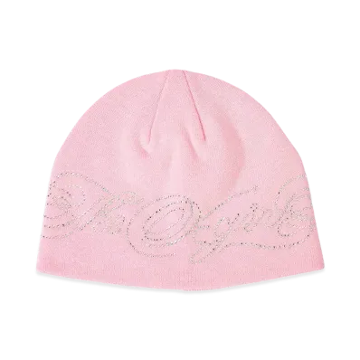 X-Girl Women's Rhinestone Decorative Script Logo Beanie "Pink"