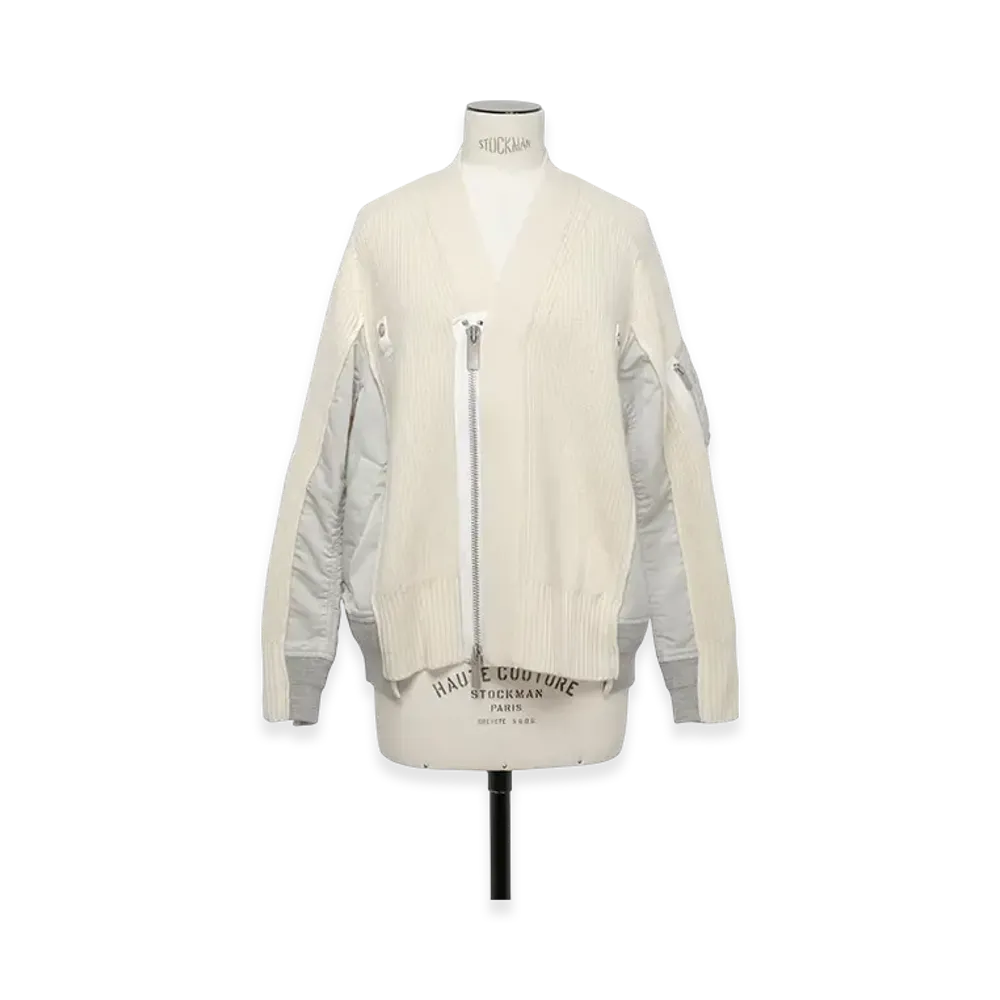 sacai Wool Knit x Nylon Twill Cardigan "Off White/Light Grey"