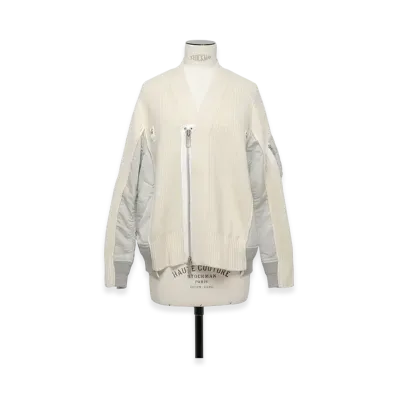 sacai Wool Knit x Nylon Twill Cardigan "Off White/Light Grey"