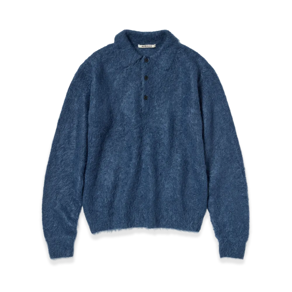 AURALEE Brushed Super Kid Mohair Knit Polo "Light Navy"