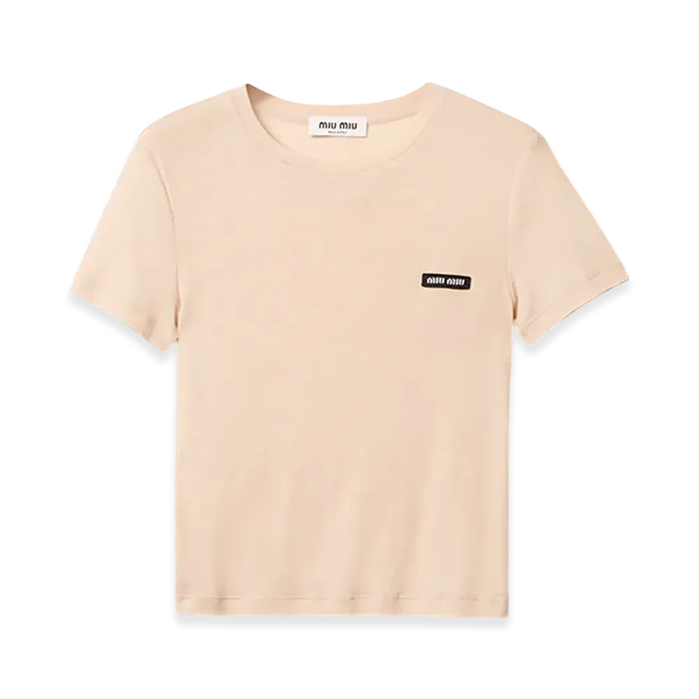 MIU MIU Women's Garment-Dyed Ribbed Knit Jersey T-Shirt "Cameo"
