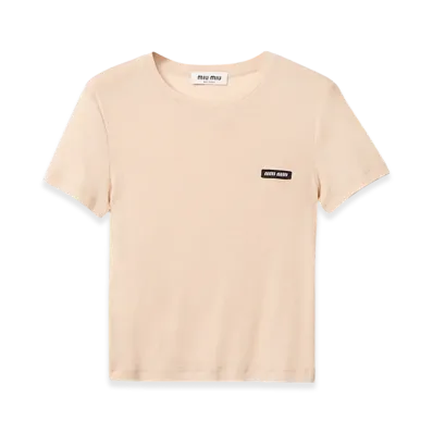 MIU MIU Women's Garment-Dyed Ribbed Knit Jersey T-Shirt "Cameo"