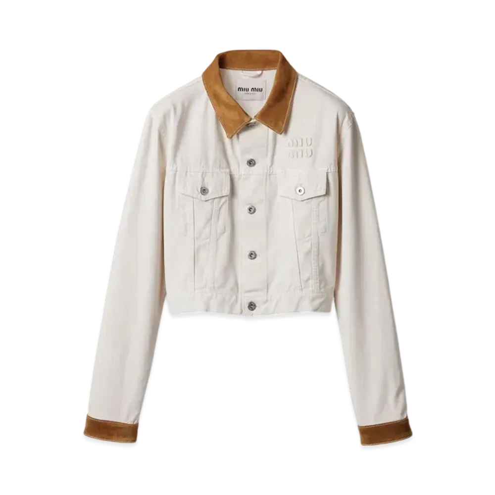 MIUMIU Women's Denim and Leather Blouson Jacket "White"