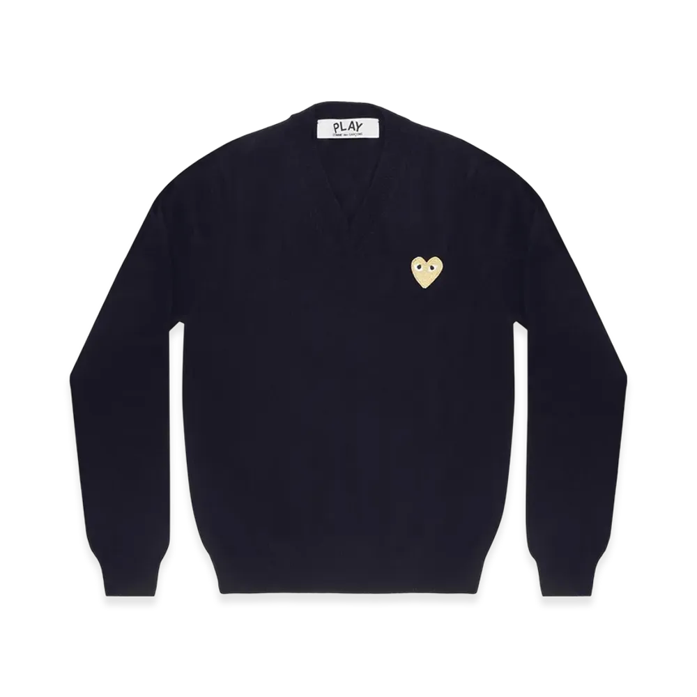 PLAY COMME des GARCONS Gold Heart V Neck Sweater Ladies "Black"