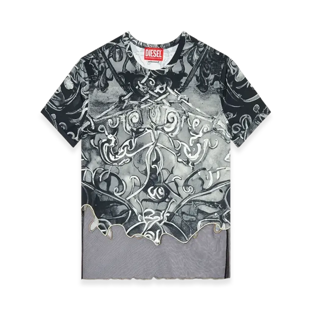 Diesel T-Inlay Nylon T-Shirt With Heraldic Print "Black Gray"