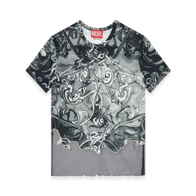 Diesel T-Inlay Nylon T-Shirt With Heraldic Print "Black Gray"