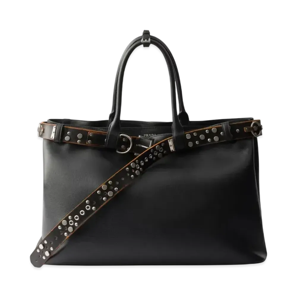 PRADA Buckle Leather Bag with Studded Belt "Black"