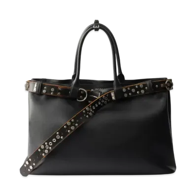 PRADA Buckle Leather Bag with Studded Belt "Black"