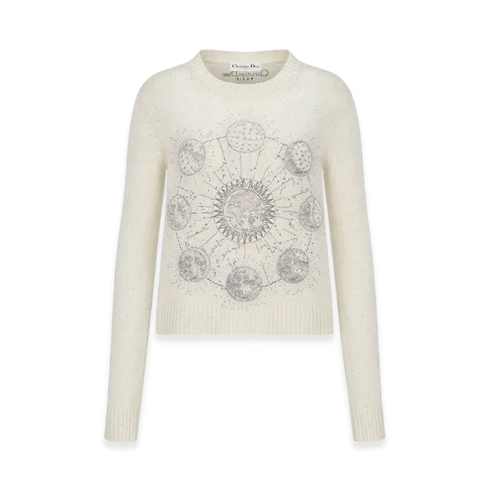 Dior Women's Embroidered Sweater Cashmere Knit Phases Lunaires Motif "White"