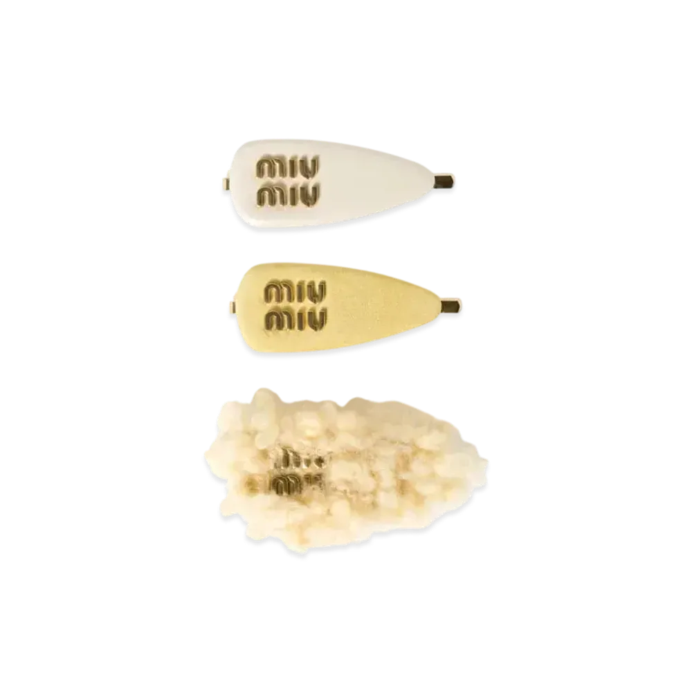 ミュウミュウ レザー x スエード x シアリング ヘアクリップ セット "アイボリー" 5IF188_2C3V_F0304