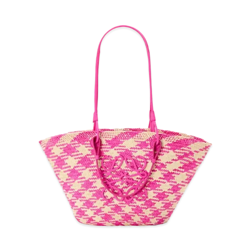 LOEWE Anagram Basket Bag Medium In Iraca Palm and Calfskin "Natural/Fuchsia"