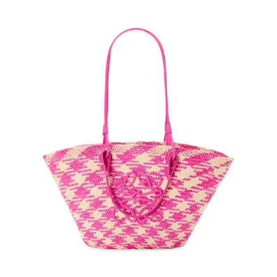LOEWE Anagram Basket Bag Medium In Iraca Palm and Calfskin "Natural/Fuchsia"