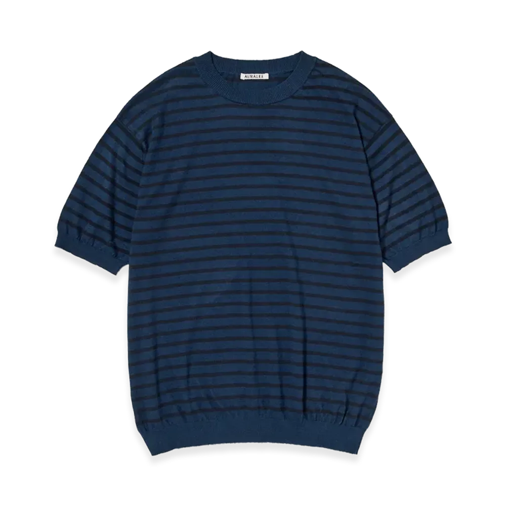 AURALEE High Gauge Cotton Knit Tee "Blue Navy Stripe"