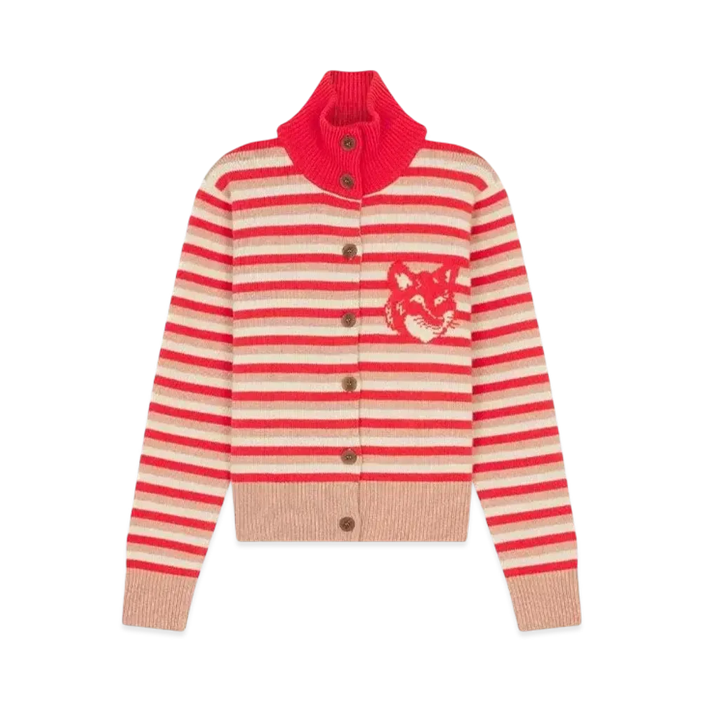 Maison Kitsune Fox Head Intarsia Striped High Neck Cardigan "Strawberry/White"