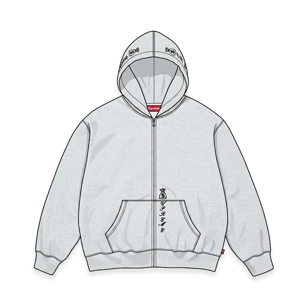 Supreme God Over Money Zip Up Hooded Sweatshirt "Ash Grey"