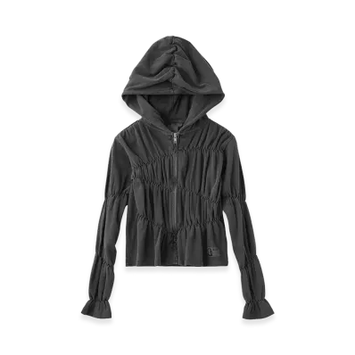 X-Girl Women's Faded Shirred Compact Zip Up Hoodie "Black"