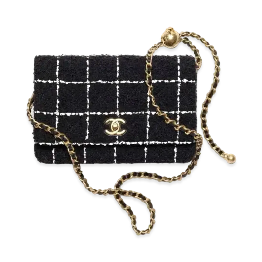 CHANEL Wallet On Chain Wool Tweed & Gold Tone Metal "Black/White"