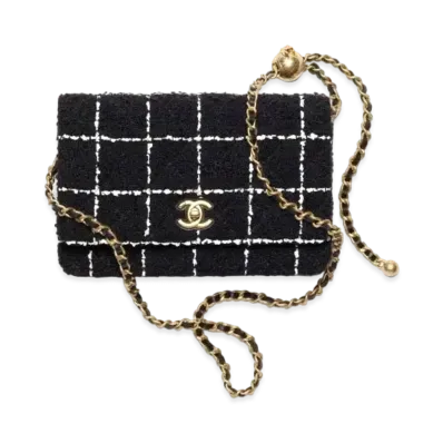 CHANEL Wallet On Chain Wool Tweed & Gold Tone Metal "Black/White"