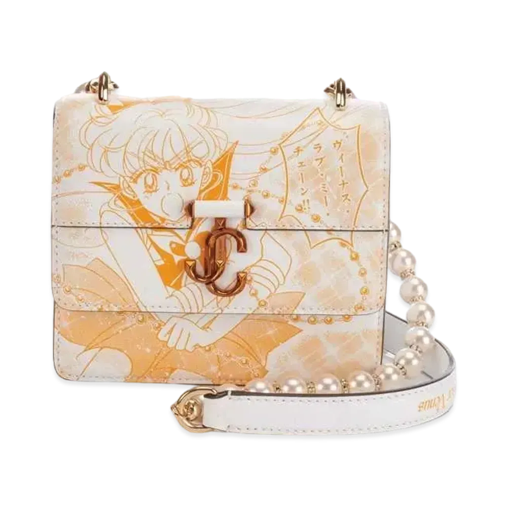 Jimmy Choo x Pretty Guardian Sailor Moon Sailor Venus Varenne Quad XS Manga Printed Leather Shoulder Bag With Pearl Strap "Orange"