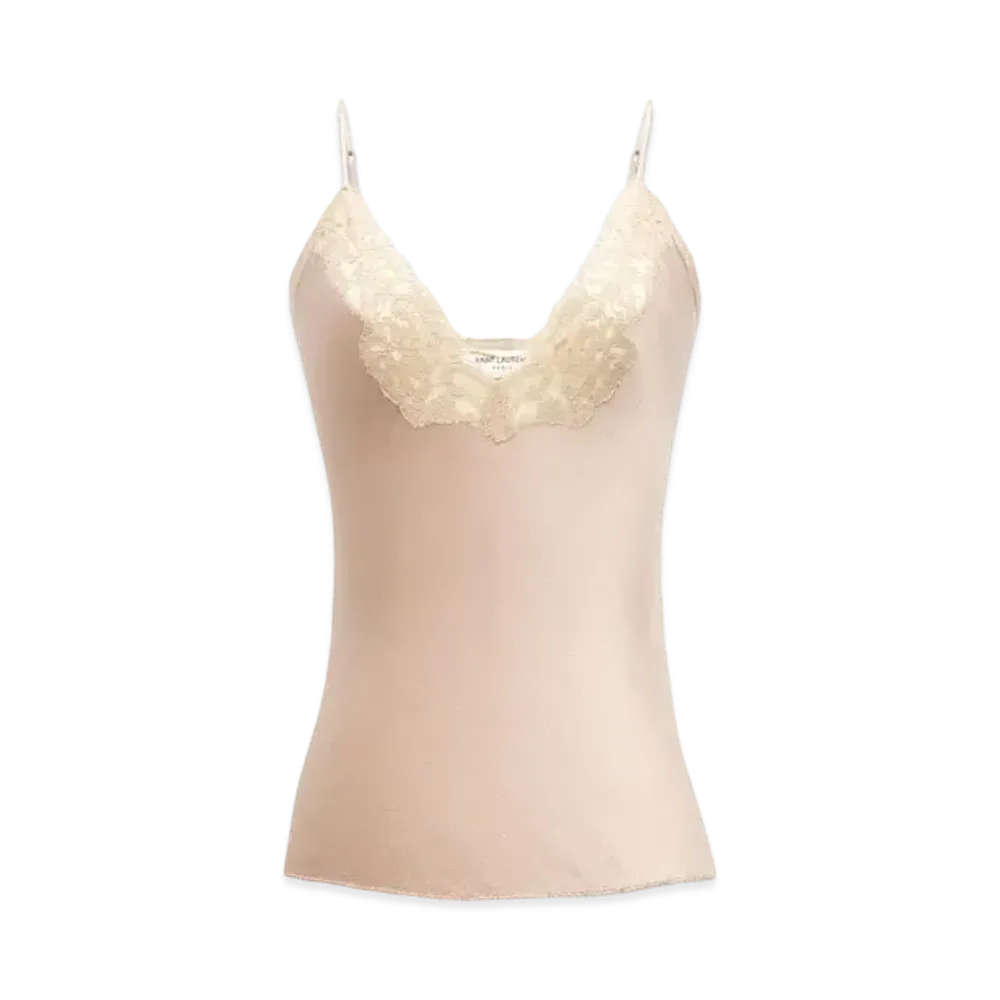 Saint Laurent Women's Lingerie Top in Silk Satin and Lace "Taupe"