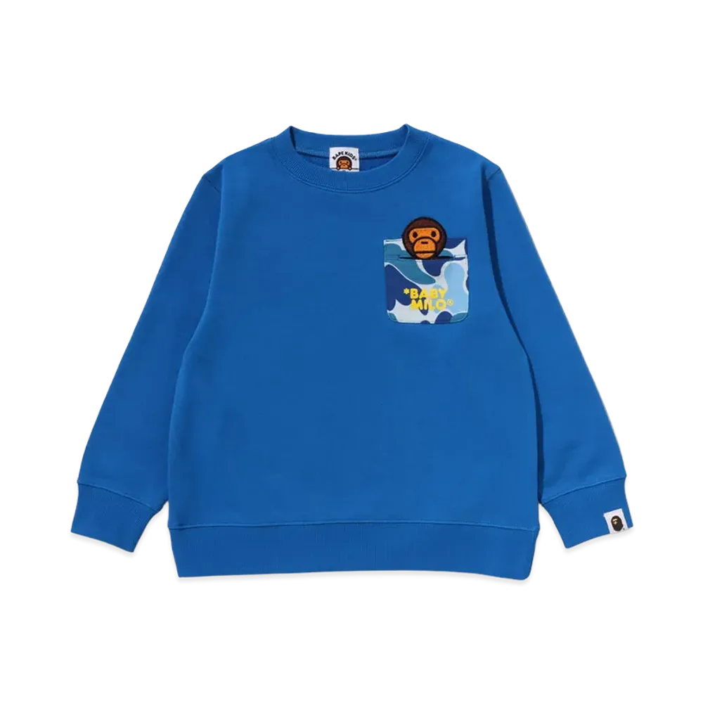 A BATHING APE Kids ABC Camo Pocket Milo Patch Crewneck Sweatshirt "Blue"