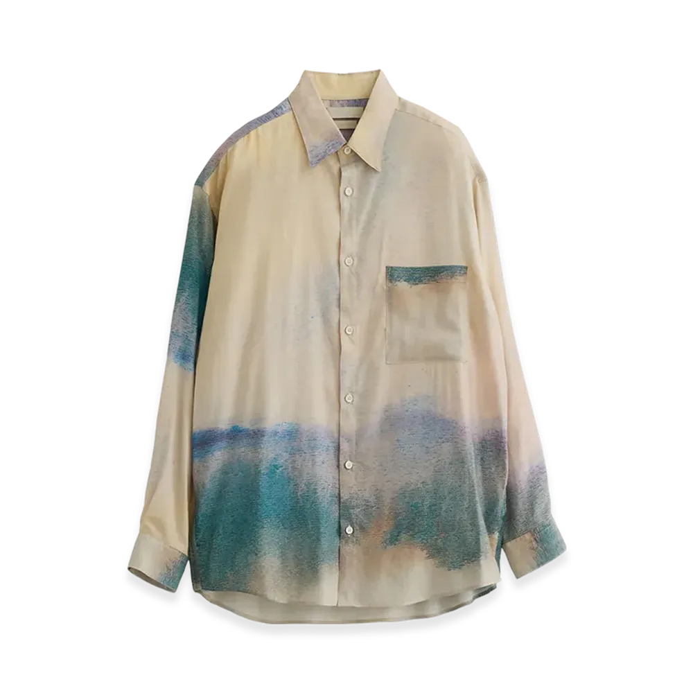 YOKE Landscape Printed Cotton Silk Rayon Twill Regular Collar Shirt "Beige"