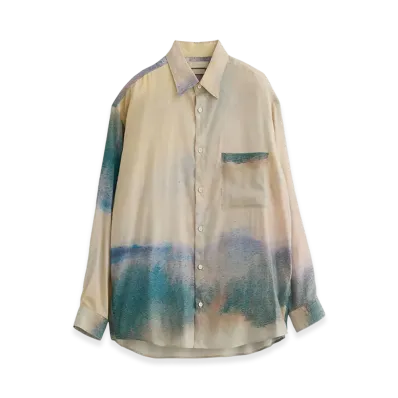 YOKE Landscape Printed Cotton Silk Rayon Twill Regular Collar Shirt "Beige"