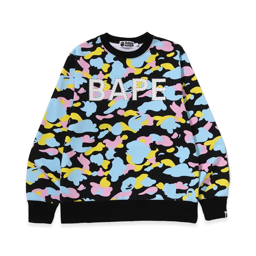 A BATHING APE New Multi Camo Rhinestone Regular Fit Crewneck Sweatshirt "Black"