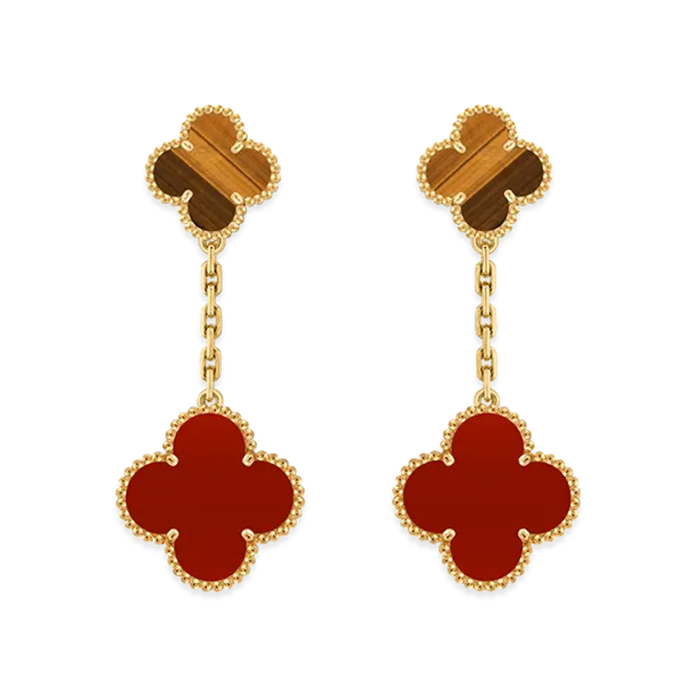 Van Cleef & Arpels Magic Alhambra earrings 2 motifs "18K Yellow gold/Carnelian/Tiger's eye"