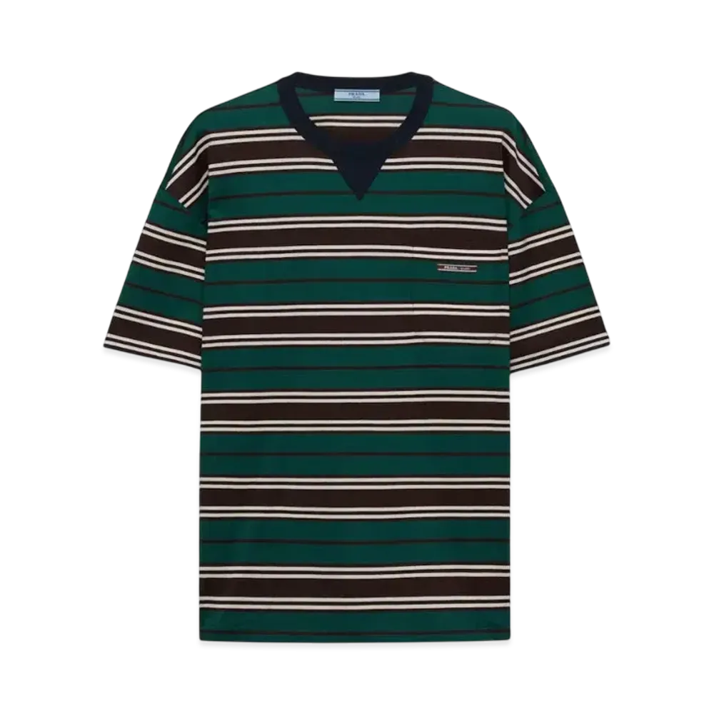 PRADA Women's Striped Lisle Cotton T-Shirt "Dark Brown/Dark Green"