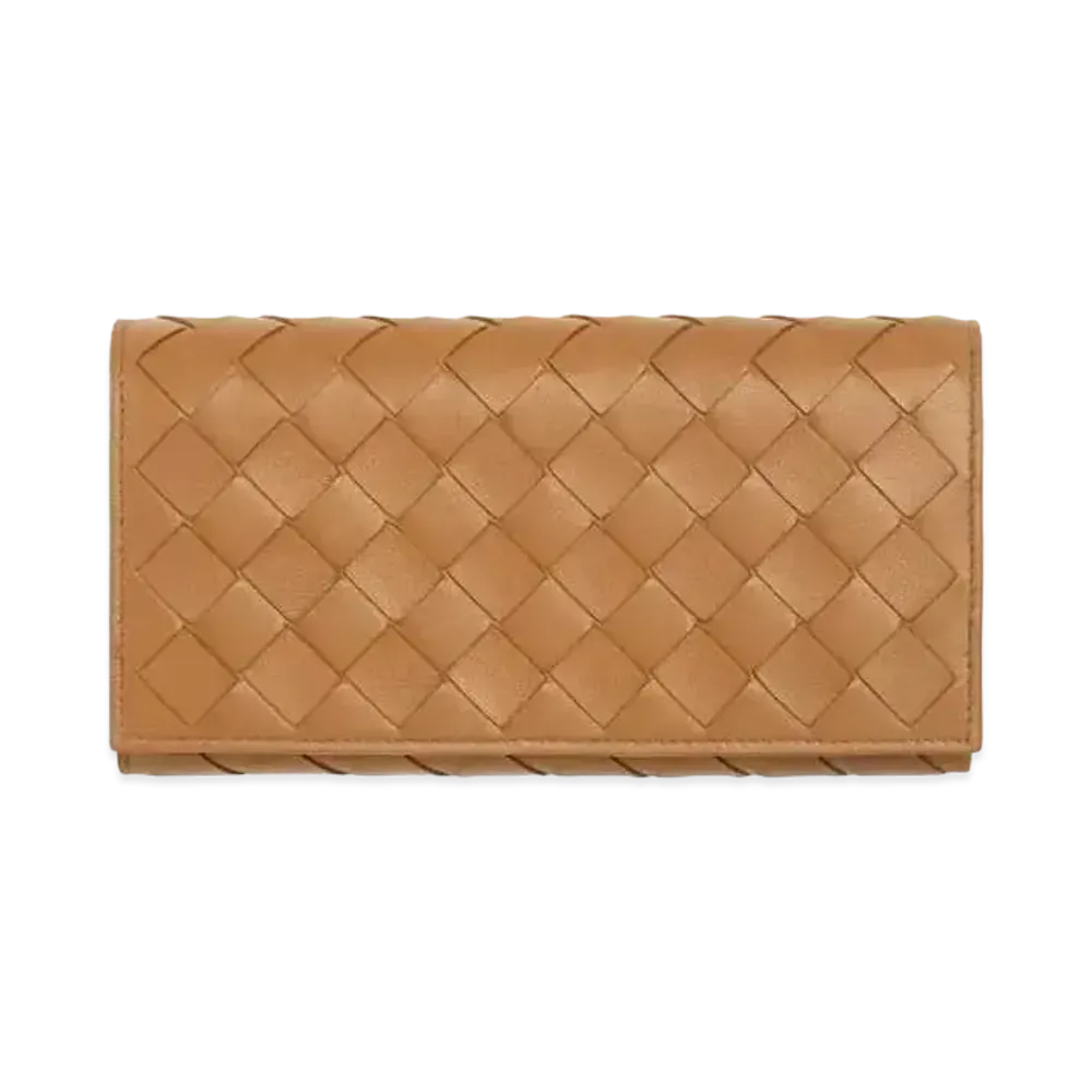 Bottega Veneta Intrecciato Lambskin Calfskin Flap Long Wallet "Caramel"