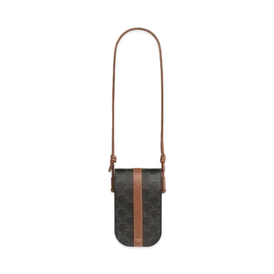 CELINE Phone Pouch In Triomphe Canvas and Calfskin "Tan"