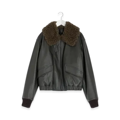 LEMAIRE Women's Shearling Collar Leather Blouson "Dark Espresso"