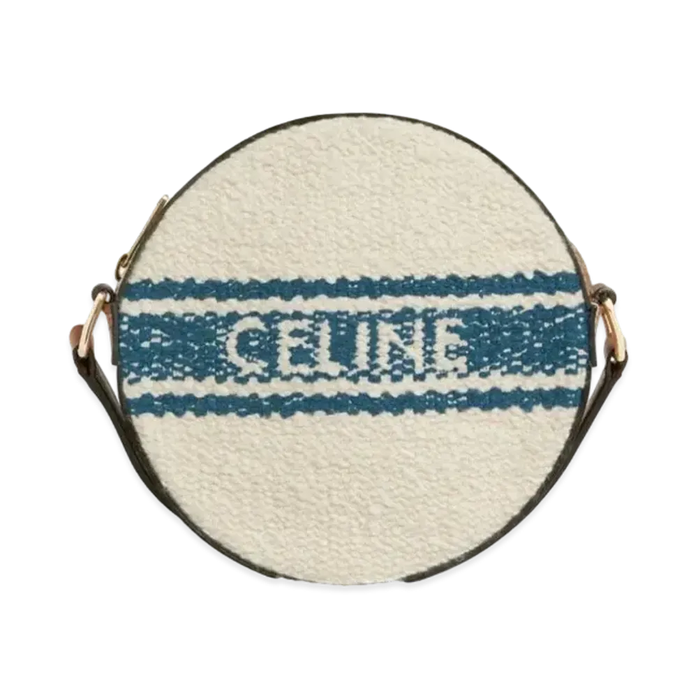CELINE Round Purse on Strap in Plein Soleil Textile with CELINE Print and Calfskin "Blue/Tan"