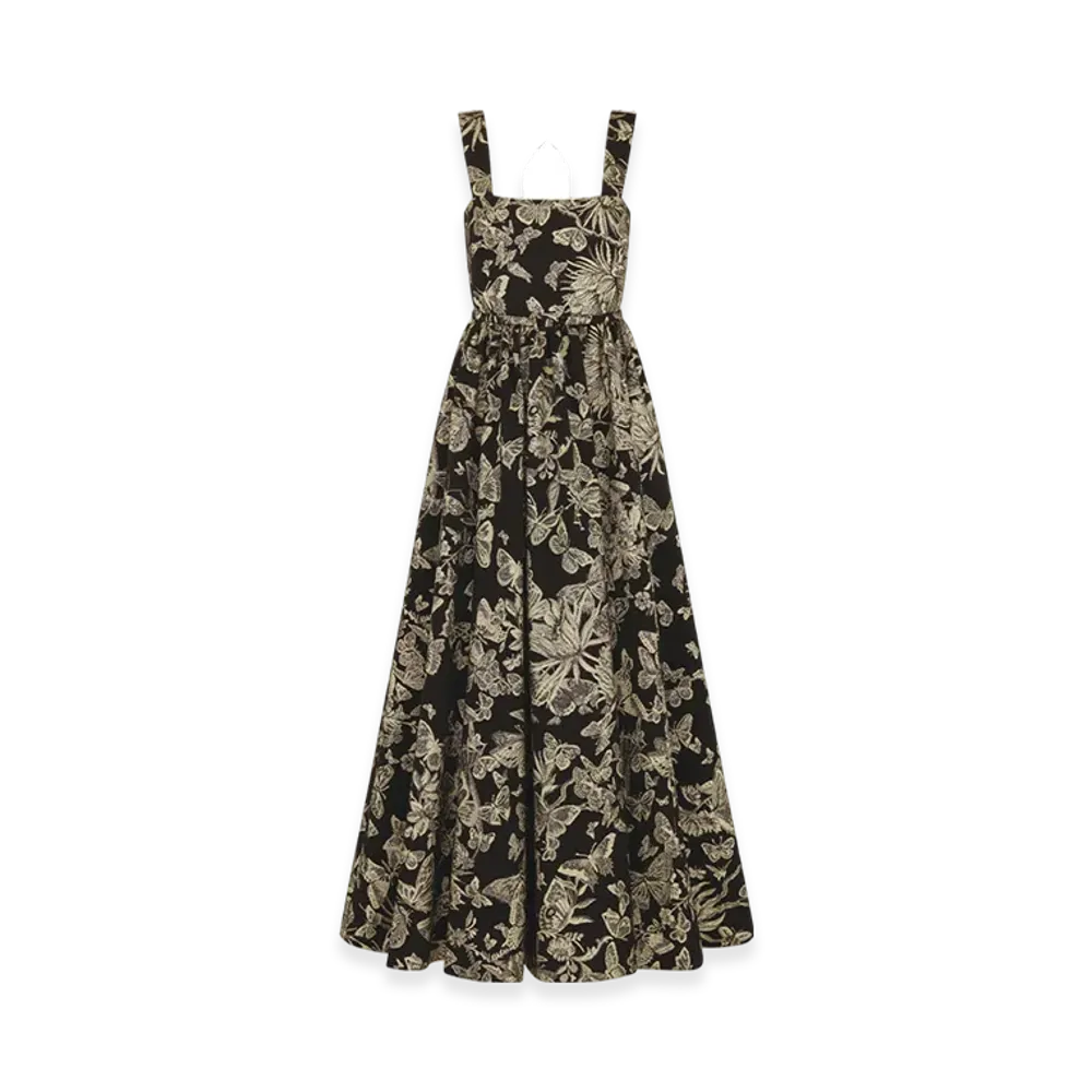 Dior Women's Long Belted Dress Technical Jacquard Allover Butterfly Motif "Black/Gold"