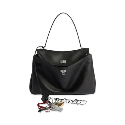 BALENCIAGA Rodeo Medium Handbag In Used Smooth Calfskin with One Charm Aged-Silver Hardware "Black"