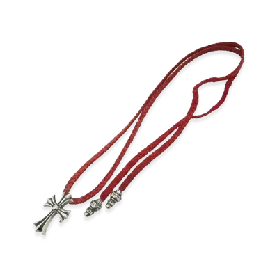 Chrome Hearts Small CH Cross Leather Braid W Bolo Tip Necklace "Silver"