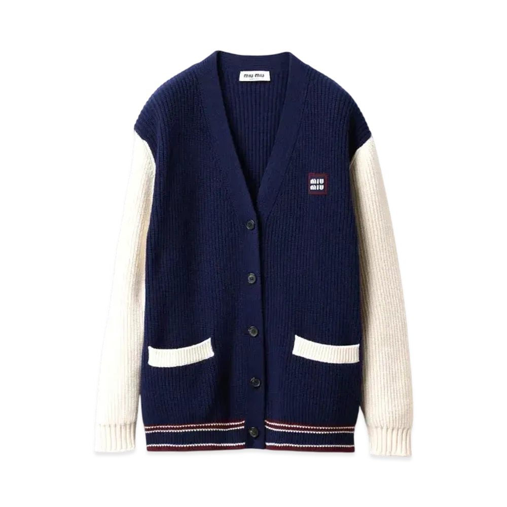 MIUMIU Wool and Cashmere Cardigan "Navy/Beige"