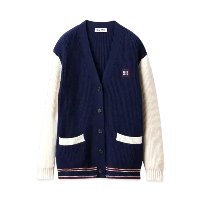MIUMIU Wool and Cashmere Cardigan "Navy/Beige"