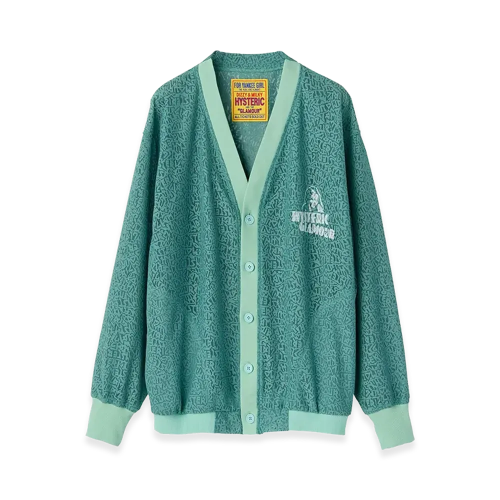 HYSTERIC GLAMOUR Women's Maiden Logo Pattern Tulle Jacquard Cardigan "Green Other"