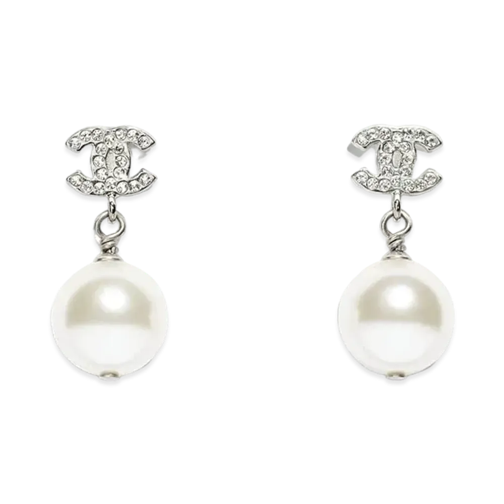 CHANEL CC Drop Earrings Crystal Pearl "Silver"