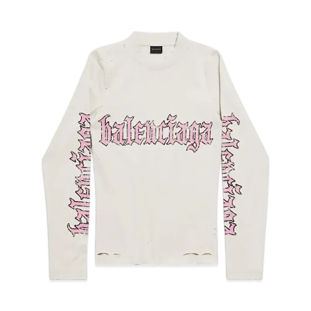 BALENCIAGA Women's Blackletter Script Fitted Long Sleeve T-Shirt "Dirty Effect White"