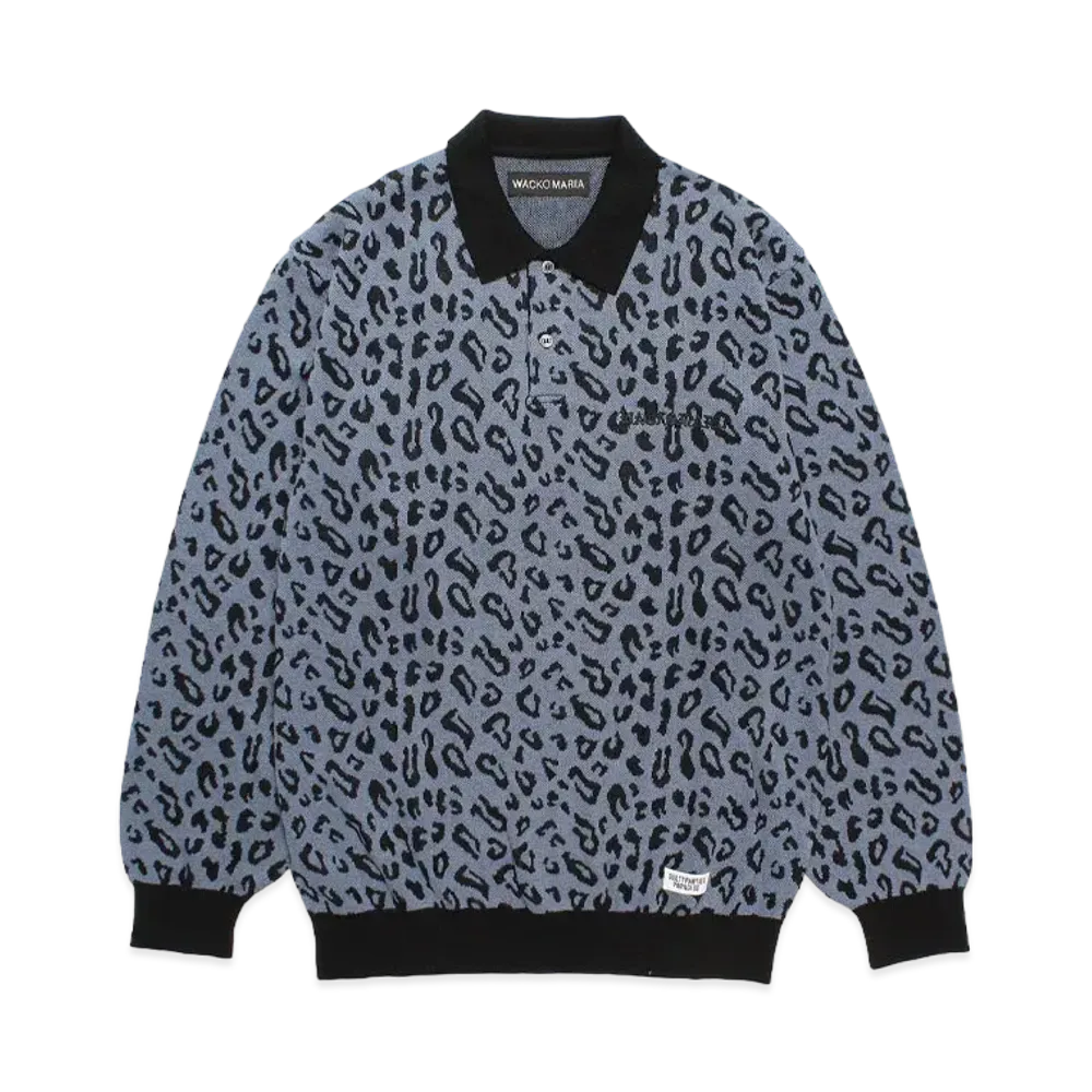 WACKO MARIA Leopard Jacquard Knit Polo Shirt "Blue"